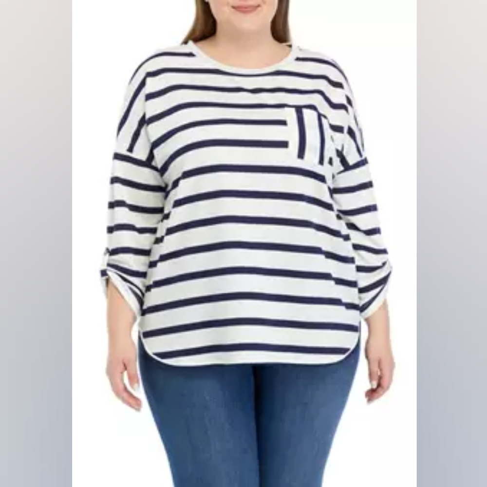 NWOT Cupio Navy and White Dropped Shoulders French Terry Striped Top
